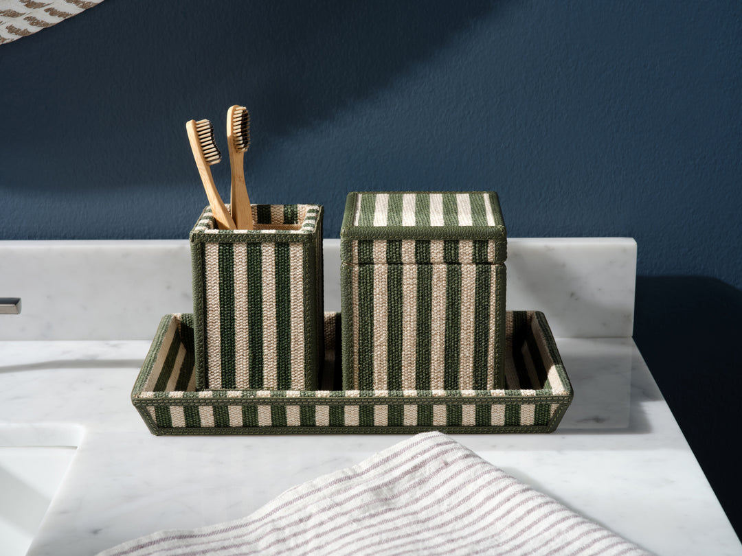 Franklin Emerald Striped/Forest Cotton Jute/Leather Nested Trays Set/2