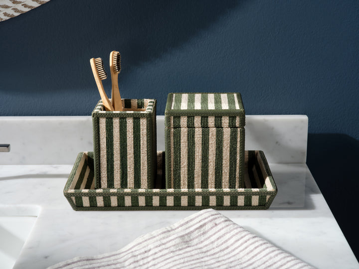 Franklin Emerald Striped/Forest Cotton Jute/Leather Nested Trays Set/2