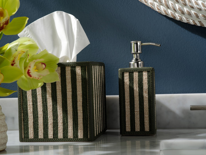 Franklin Emerald Striped/Forest Cotton Jute/Leather Tissue Box Cover
