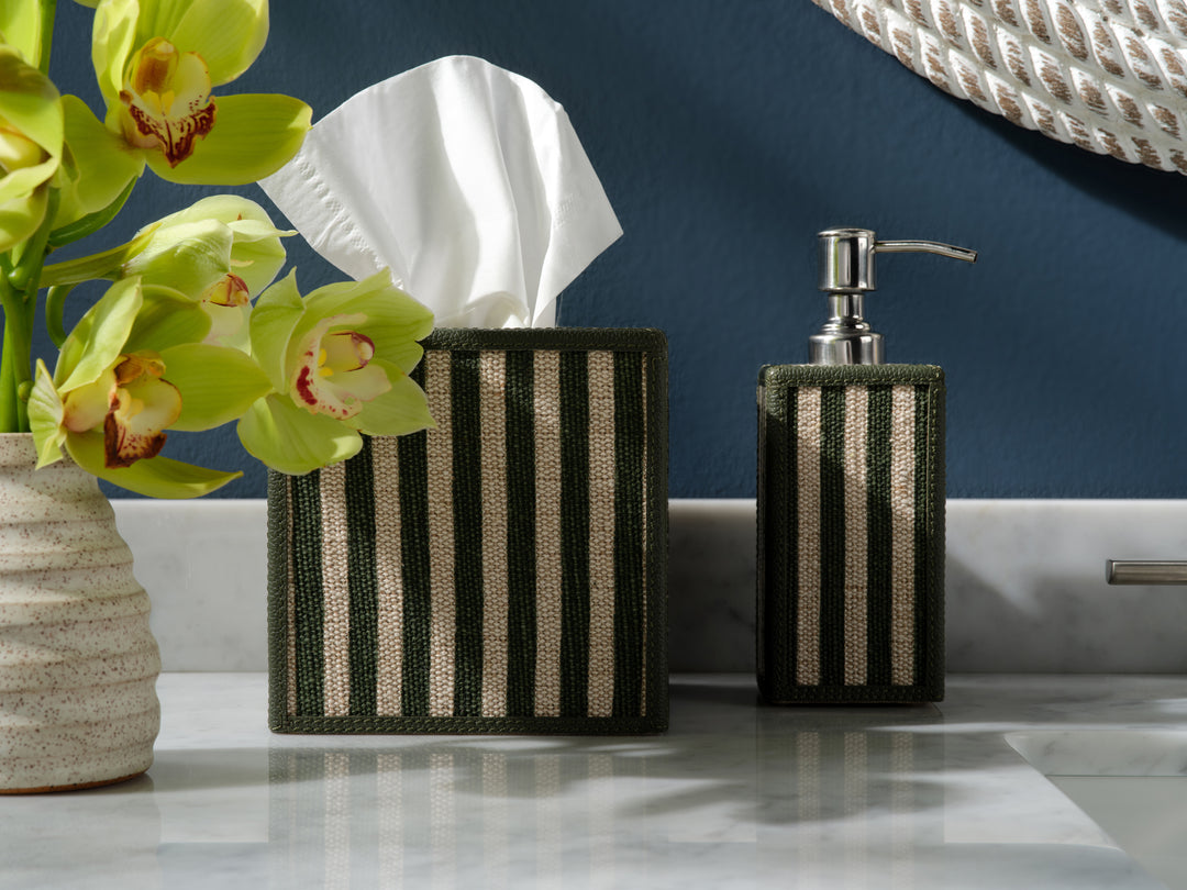 Franklin Emerald Striped Cotton Jute/Forest Leather Bathroom Accessories