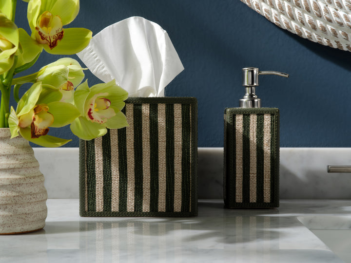 Franklin Emerald Striped Cotton Jute/Forest Leather Bathroom Accessories