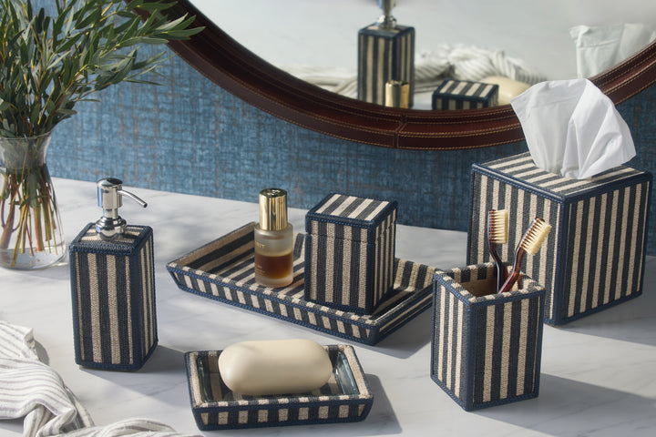 Franklin Navy Striped/Navy Cotton Jute/Leather Tissue Box Cover