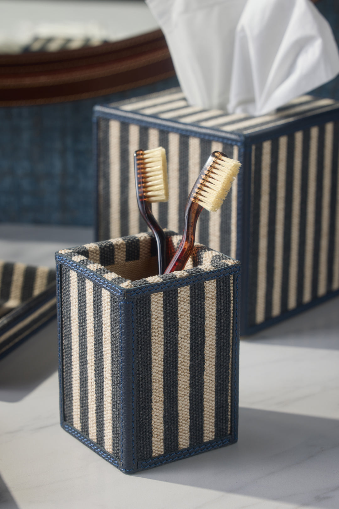 Franklin Navy Striped/Navy Cotton Jute/Leather Bathroom Accessories