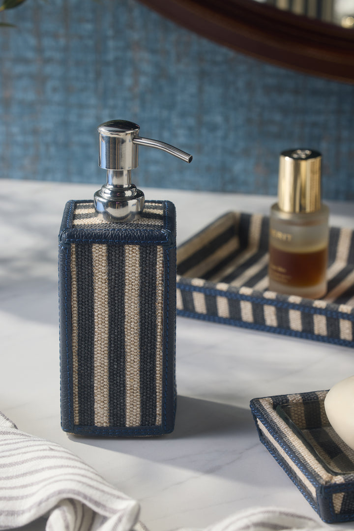 Franklin Navy Striped/Navy Cotton Jute/Leather Soap Dispenser