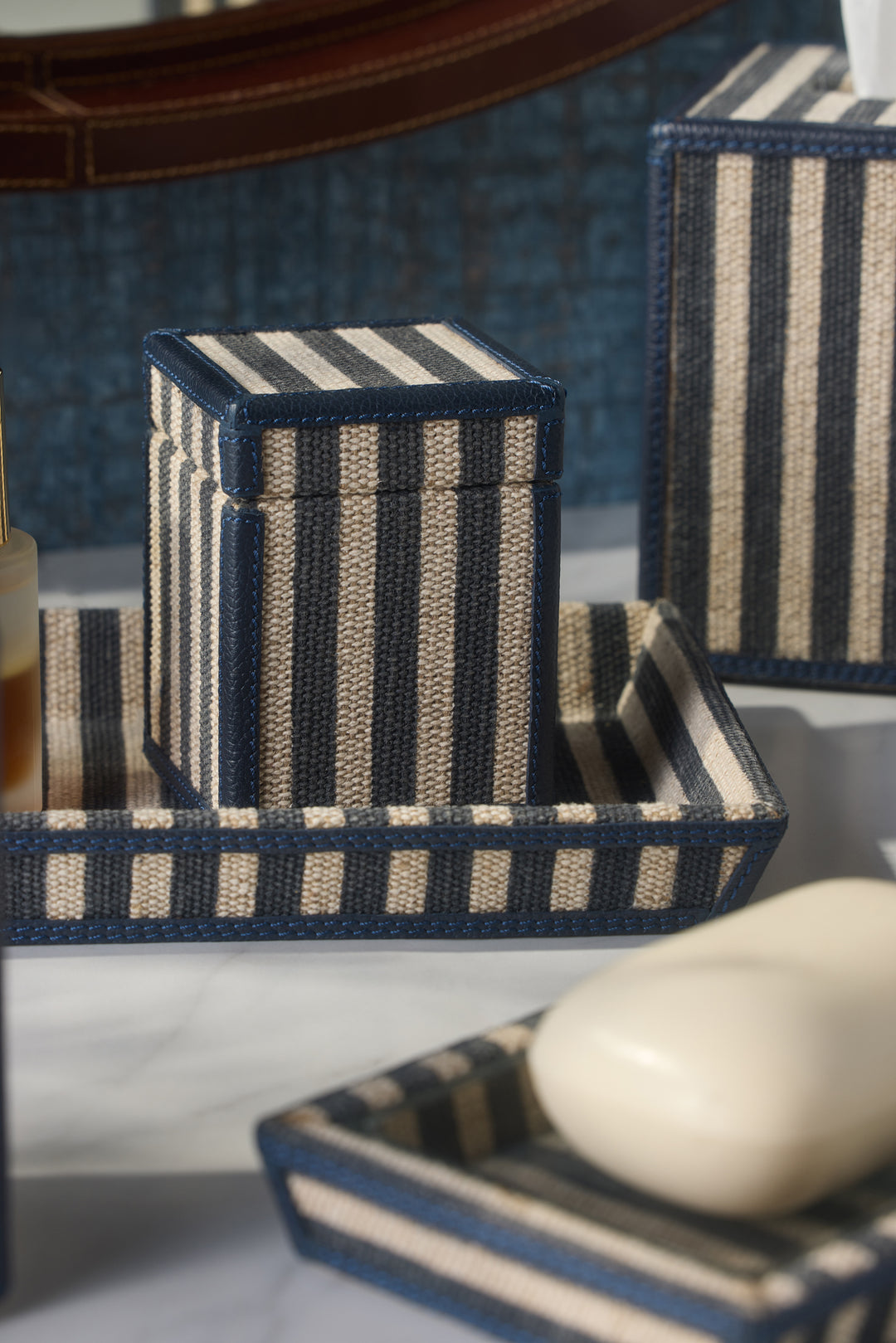 Franklin Navy Striped/Navy Cotton Jute/Leather Bathroom Accessories