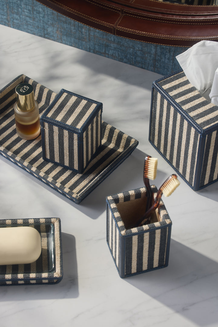 Franklin Navy Striped/Navy Cotton Jute/Leather Tissue Box Cover