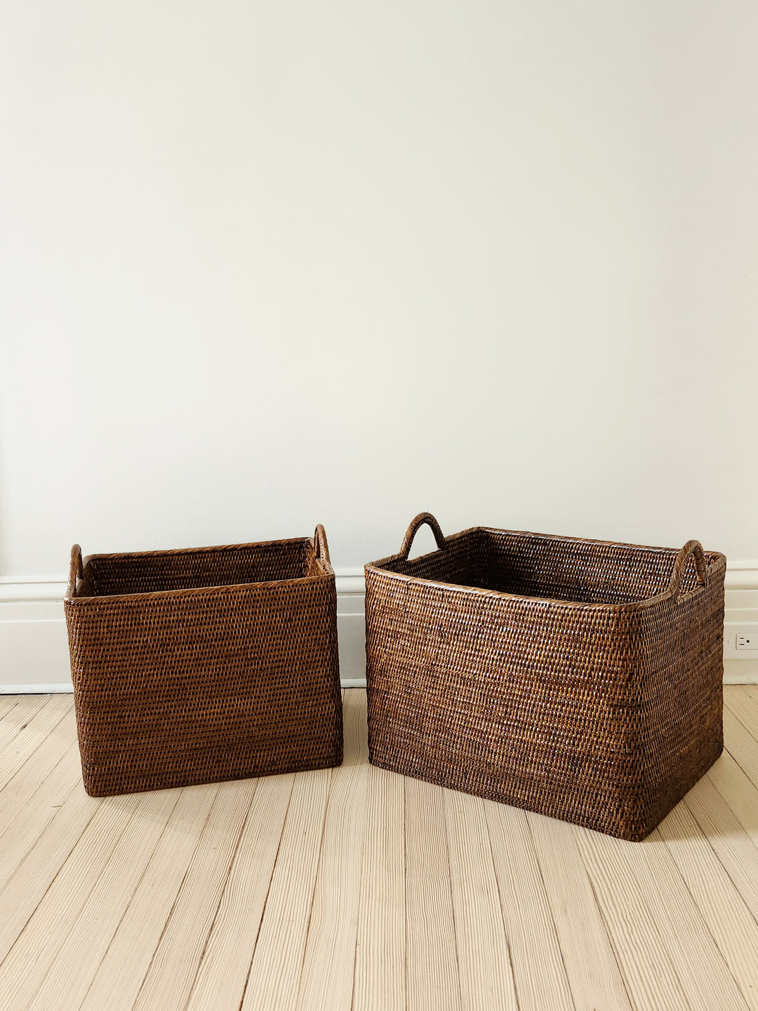 Rattan Rectangular Set  of 2 Nested Baskets w/ Loop Handles