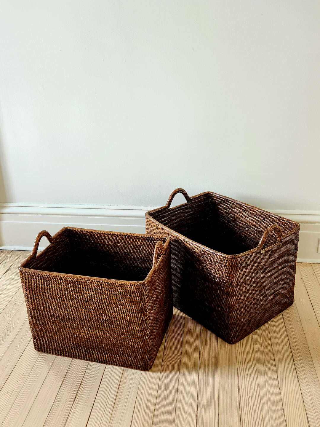 Rattan Rectangular Set  of 2 Nested Baskets w/ Loop Handles