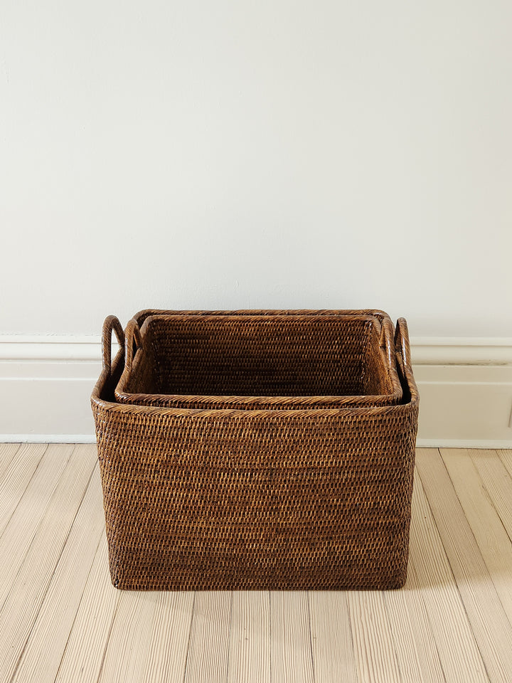 Rattan Rectangular Set  of 2 Nested Baskets w/ Loop Handles