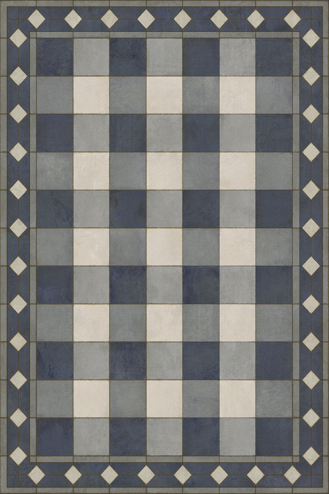 Vintage Vinyl Floorcloth Rug (Williamsburg -Gingham Tile - Blue)