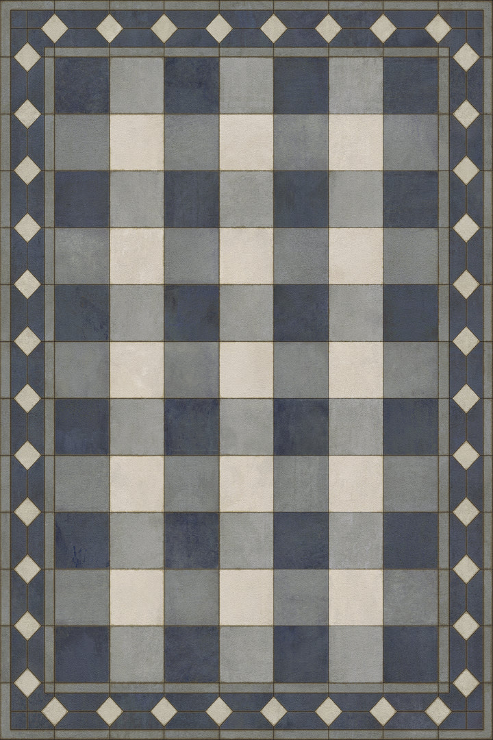 Vintage Vinyl Floorcloth Rug (Williamsburg -Gingham Tile - Blue)