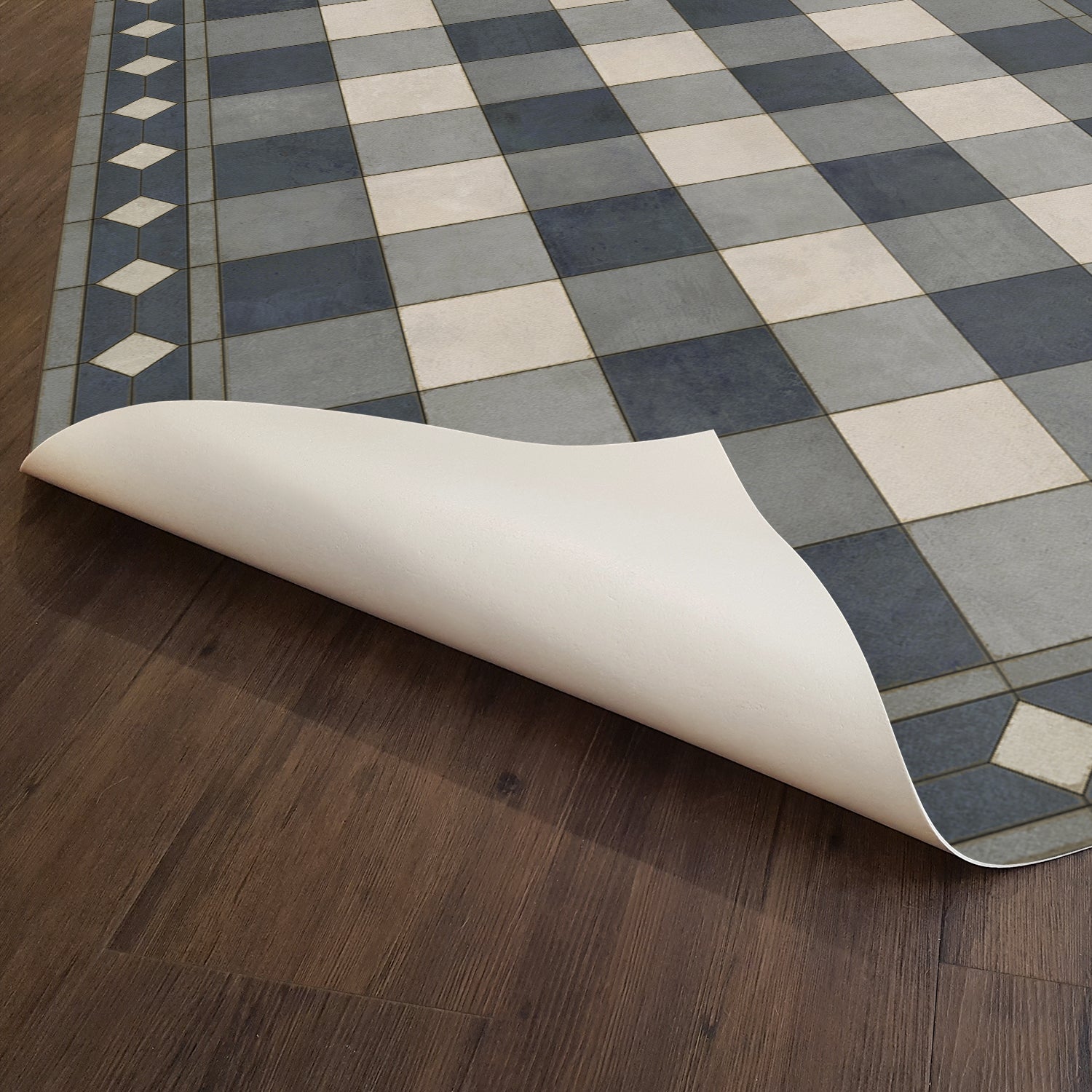 Vintage Vinyl Floorcloth Rug (Williamsburg -Gingham Tile - Blue