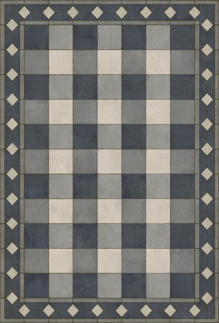 Vintage Vinyl Floorcloth Rug (Williamsburg -Gingham Tile - Blue)