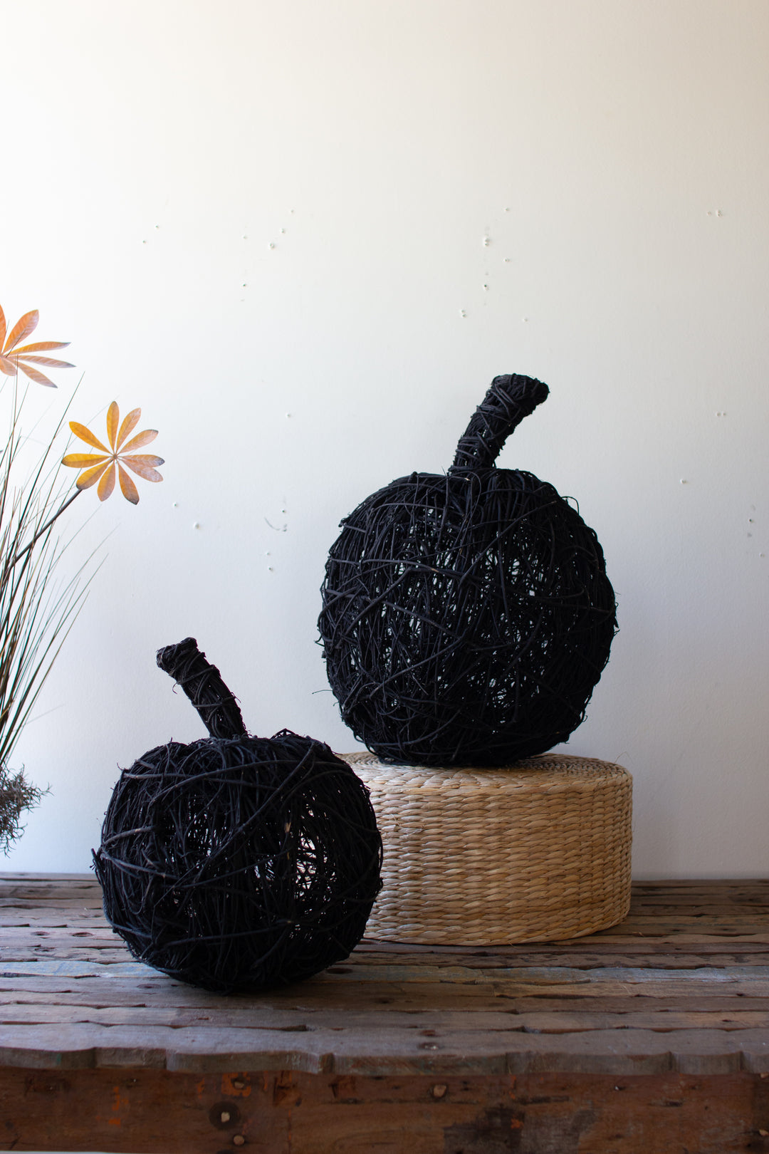 Set of 2 Black Painted Twig Pumpkins