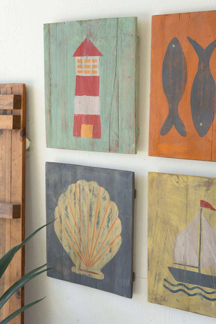 Set of 4 Painted Wood Coastal Wall Art