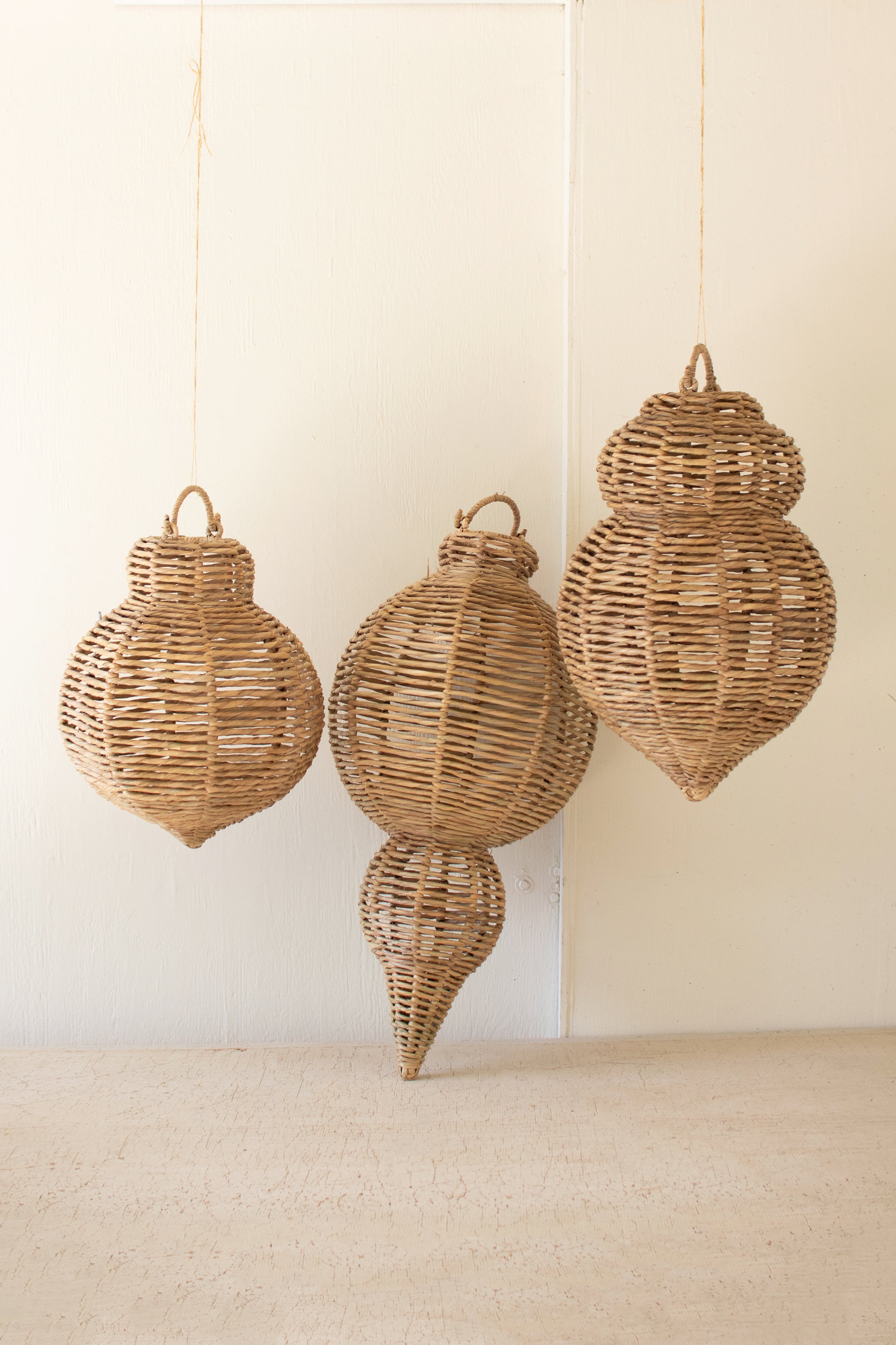 Set of 3 Large Woven Seagrass and Iron Ornaments