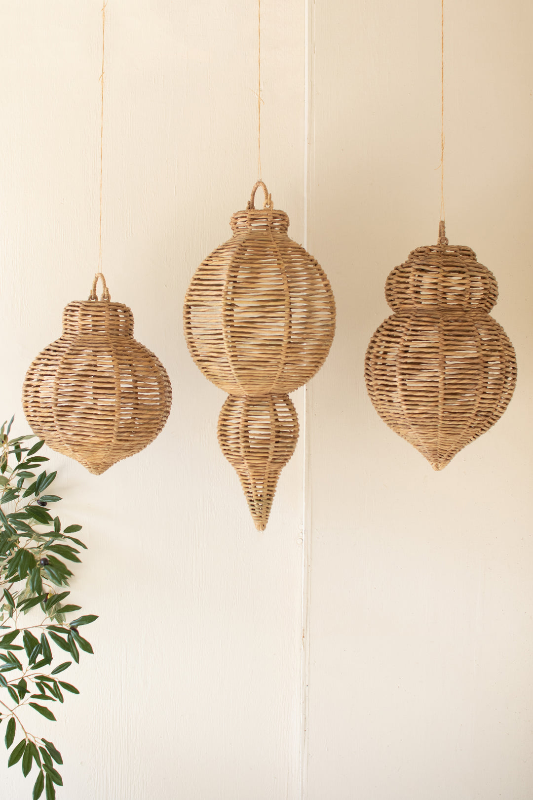 Set of 3 Large Woven Seagrass and Iron Ornaments