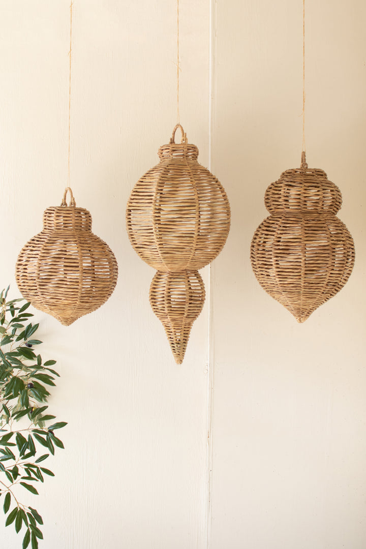 Set of 3 Large Woven Seagrass and Iron Ornaments