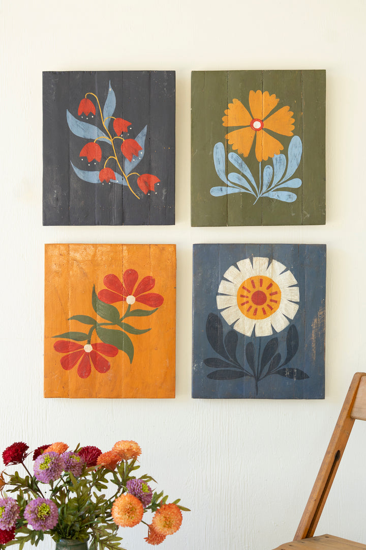 Set of 4 Hand-Painted Florals on Recycled Wood