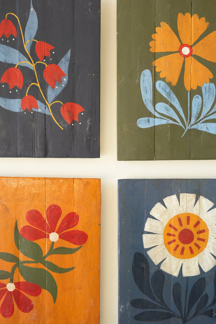 Set of 4 Hand-Painted Florals on Recycled Wood
