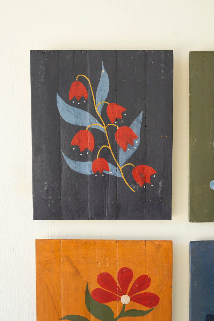 Set of 4 Hand-Painted Florals on Recycled Wood