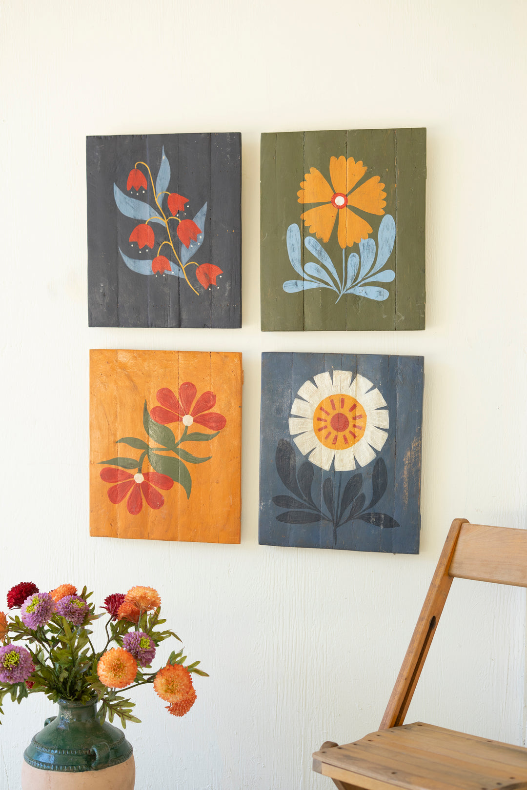Set of 4 Hand-Painted Florals on Recycled Wood