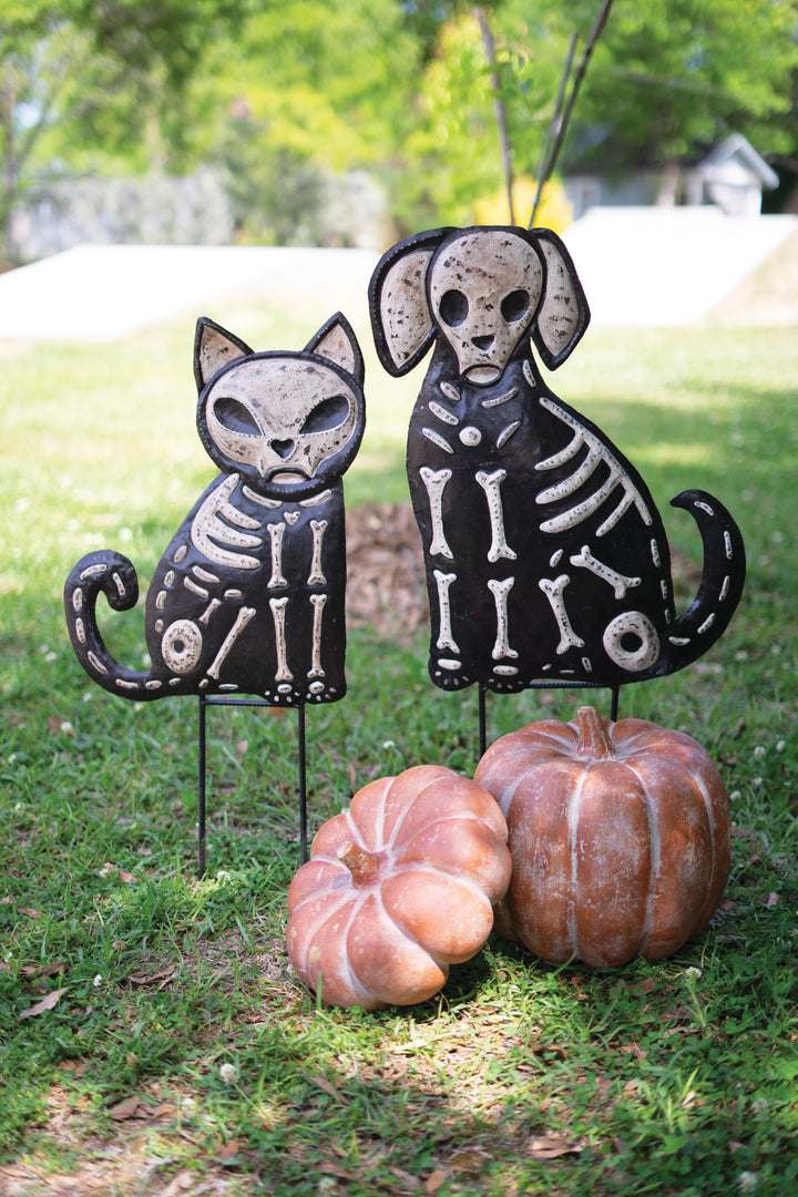 Set of 2 Hand-Hammered Painted Metal Cat and Dog Skeleton Yard Stakes