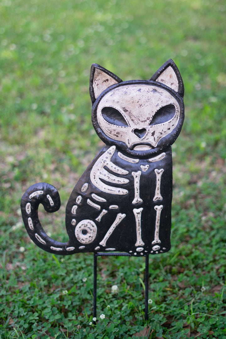 Set of 2 Hand-Hammered Painted Metal Cat and Dog Skeleton Yard Stakes