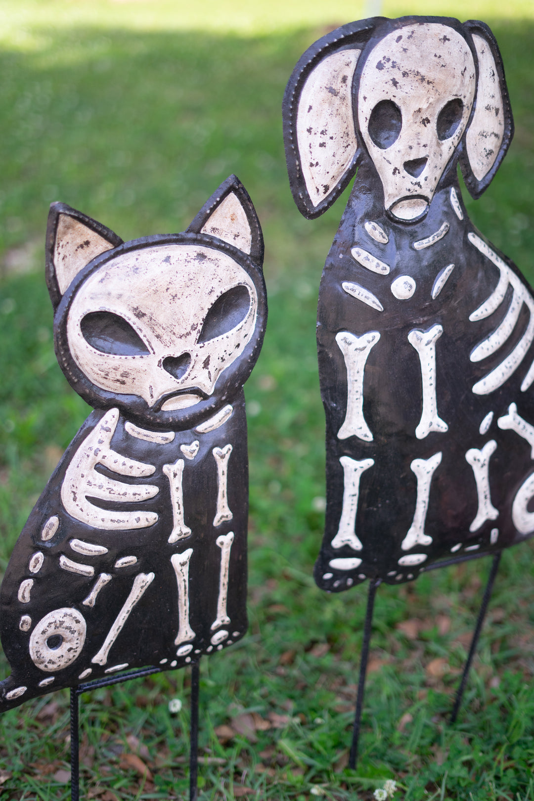 Set of 2 Hand-Hammered Painted Metal Cat and Dog Skeleton Yard Stakes