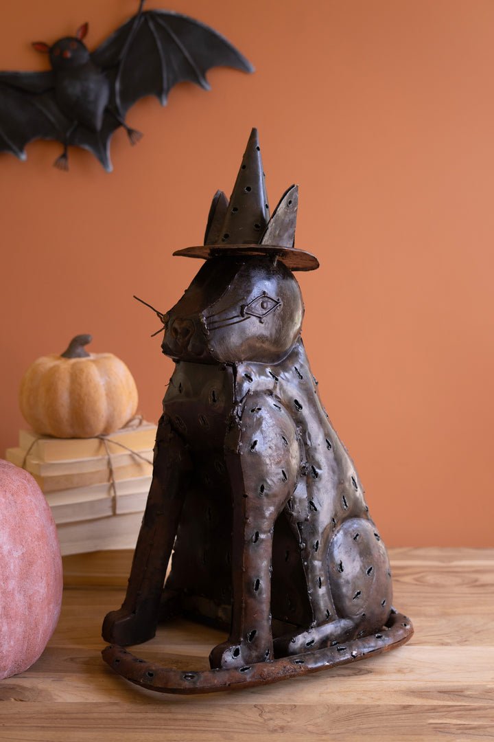 Rustic Iron Cat with Witch Hat Luminary