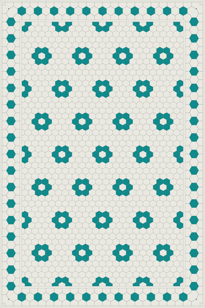 Adama Vinyl Floor Rug (Aster Turquoise Tile Border)