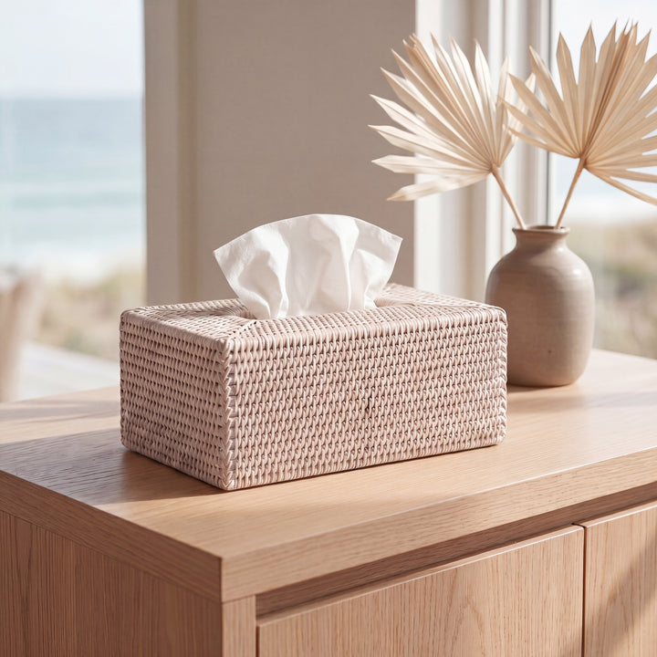 White Wash Rattan Tissue Box Rectangular - Hudson & Vine