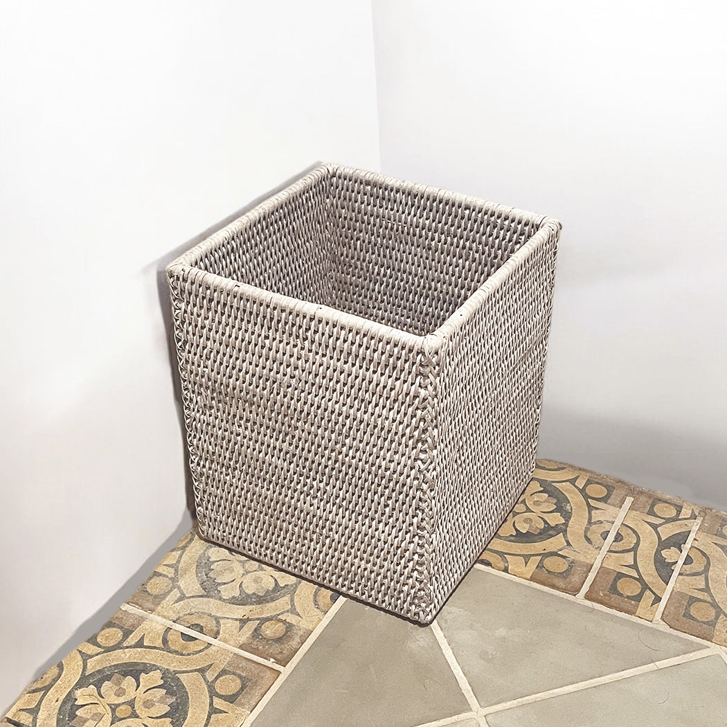 White Washed Rattan Waste Basket Square