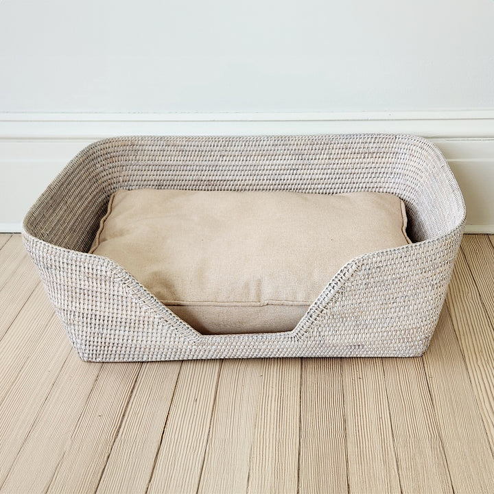 White Washed Rattan Dog Bed Basket 26"