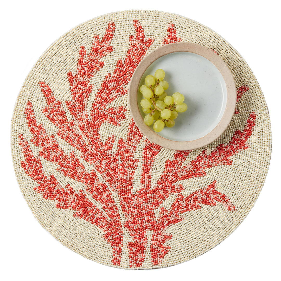 Alana Red Coral Round Placemat Glass Beads  Set Of 4