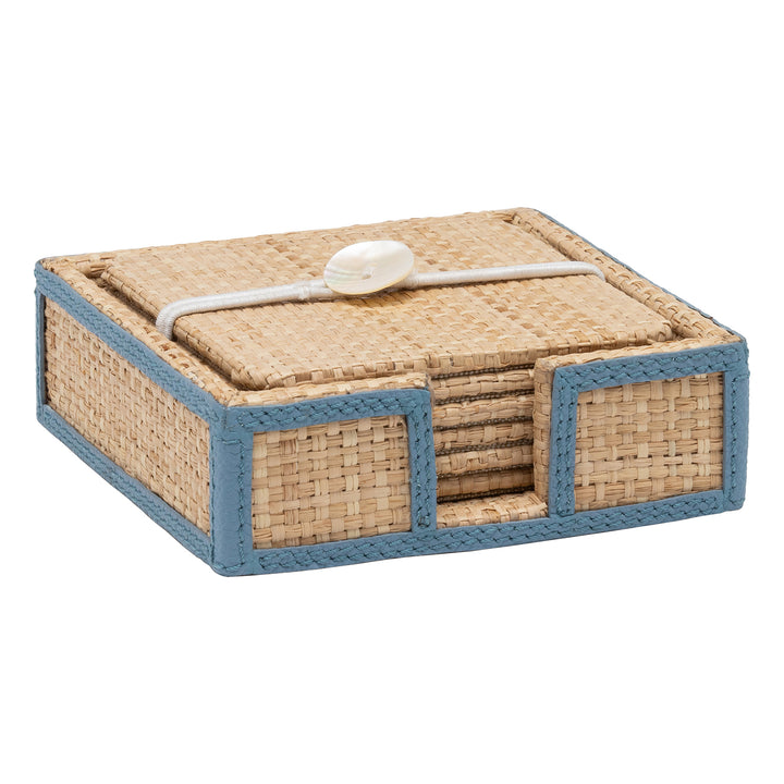 Gable Natural/Country Blue Raffia/Leather Coasters Set/6