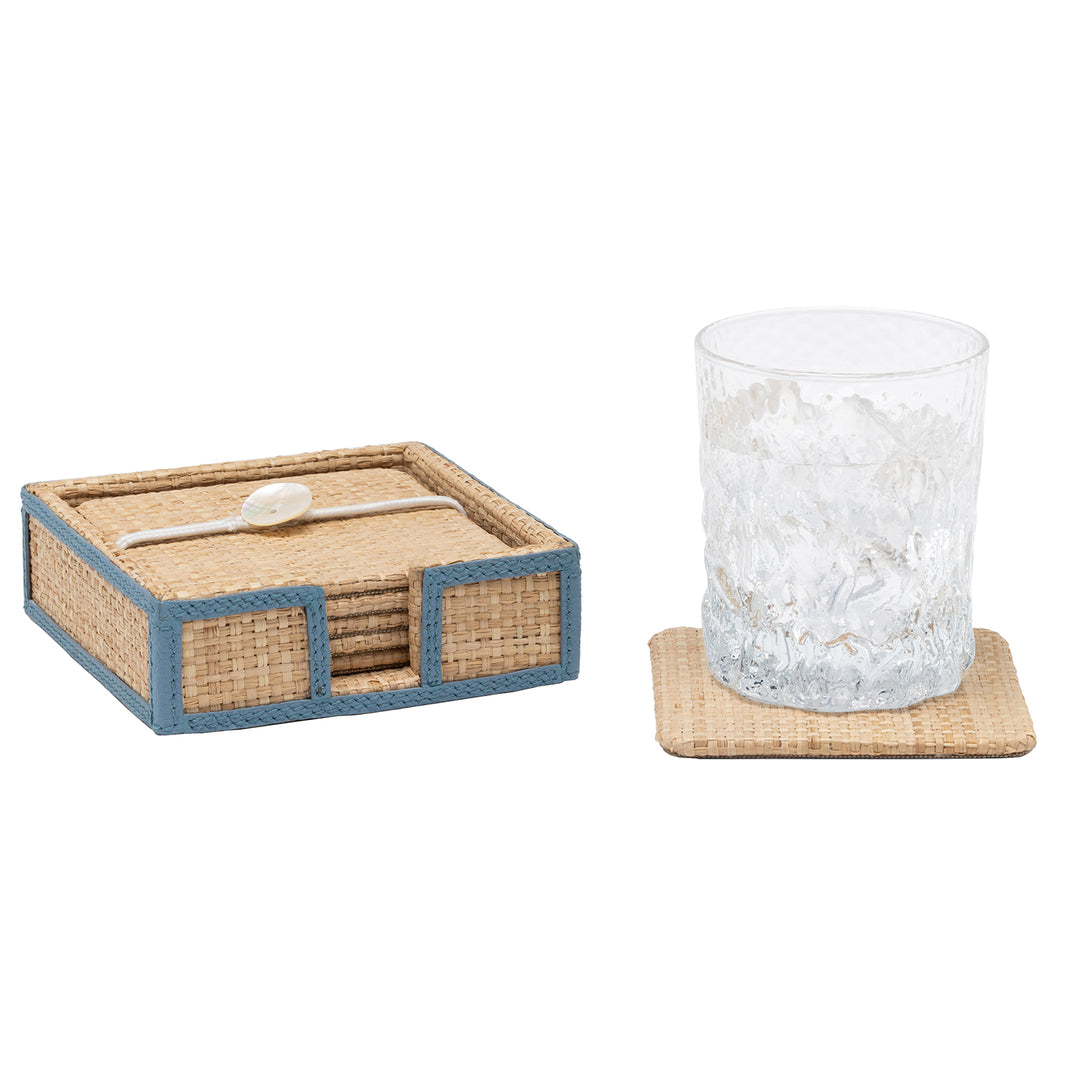 Gable Natural/Country Blue Raffia/Leather Coasters Set/6
