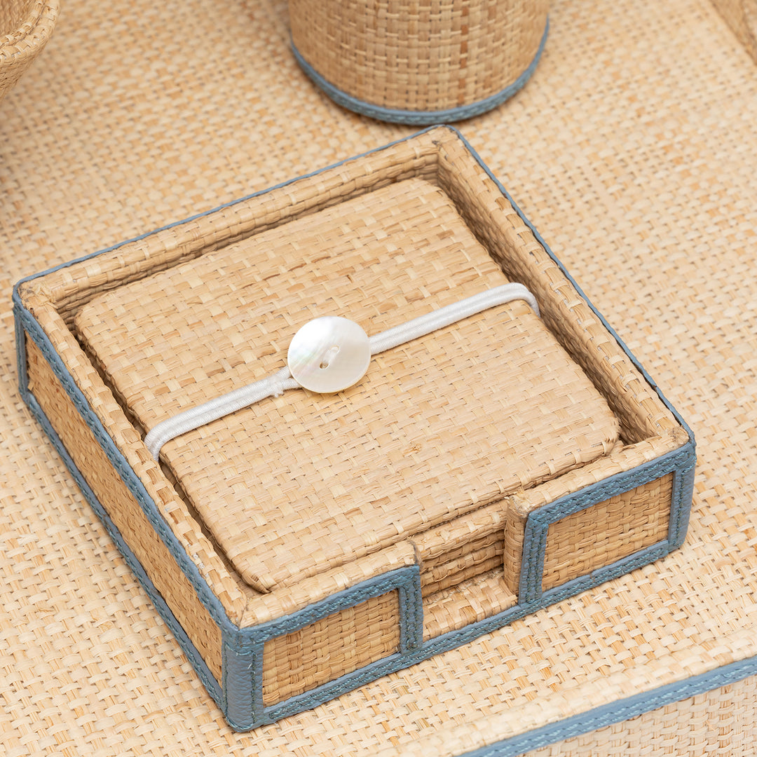 Gable Natural/Country Blue Raffia/Leather Coasters Set/6