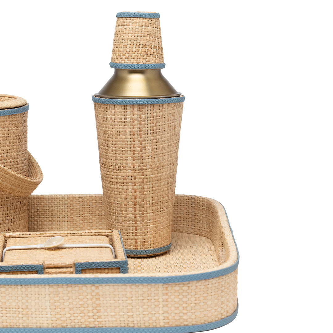 Gable Natural/Country Blue Raffia/Leather Rectangular Tray