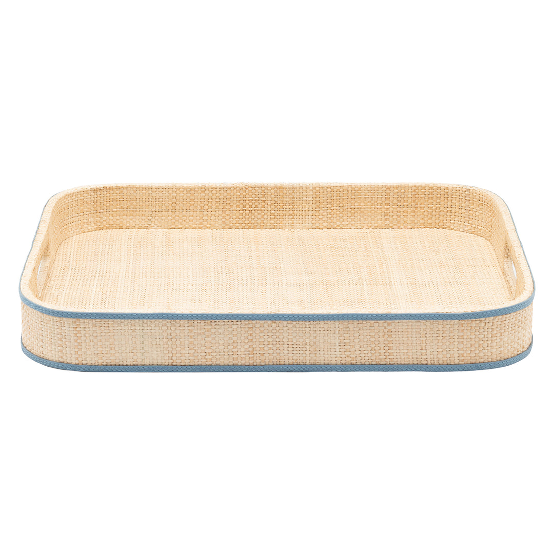 Gable Natural/Country Blue Raffia/Leather Rectangular Tray