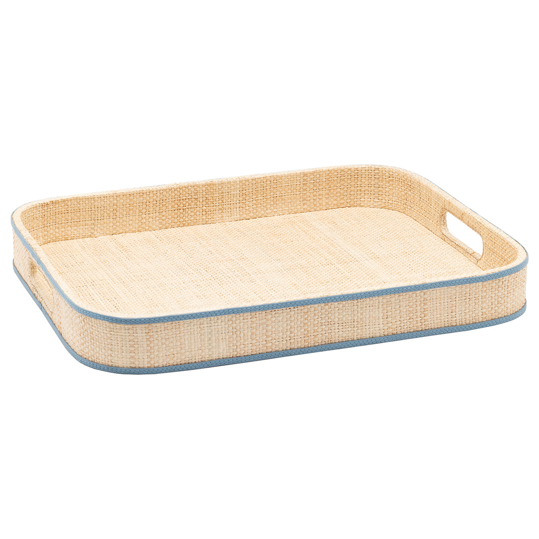 Gable Natural/Country Blue Raffia/Leather Rectangular Tray