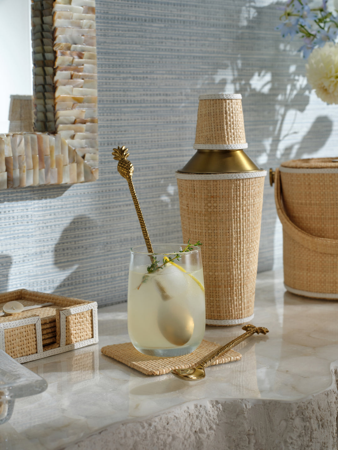 Gable Natural/White Raffia/Leather Cocktail Shaker