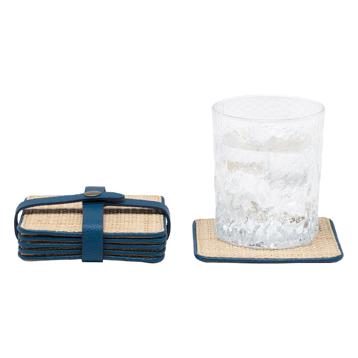 Kenneth Natural/Peacock Blue Coasters w/ Strap Set Of 6