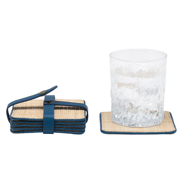 Kenneth Natural/Peacock Blue Coasters w/ Strap Set Of 6