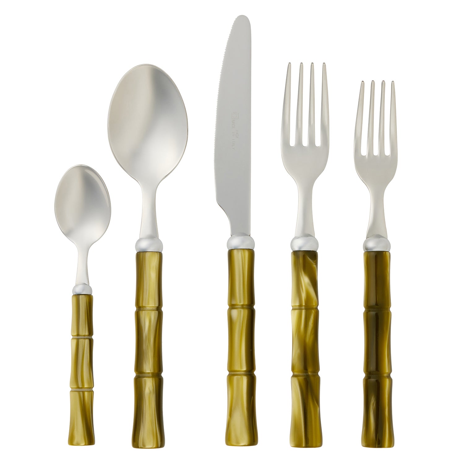 Lulu Polished Silver/Olive Green Flatware Set/5 - Thumbnail 2