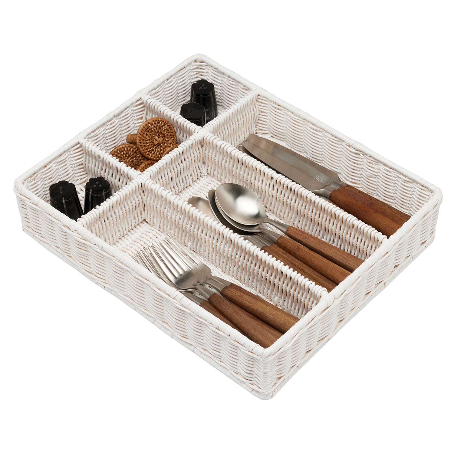 Micaela White Rattan Flatware Holder - Thumbnail 3