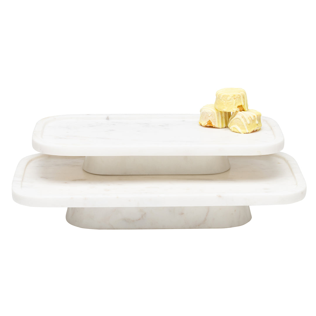 Pietro White Marble Serving Platter W/ Stand Set/2