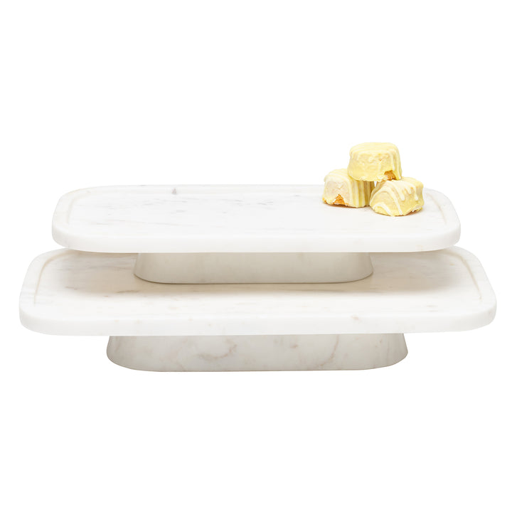 Pietro White Marble Serving Platter W/ Stand Set/2