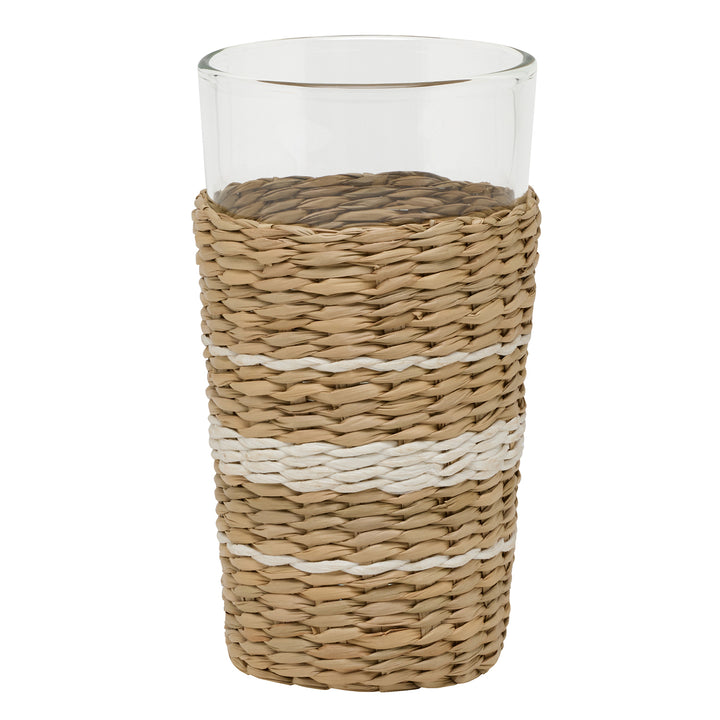 Zaley Natural/White Stripe Seagrass Highball Glasses Set/6