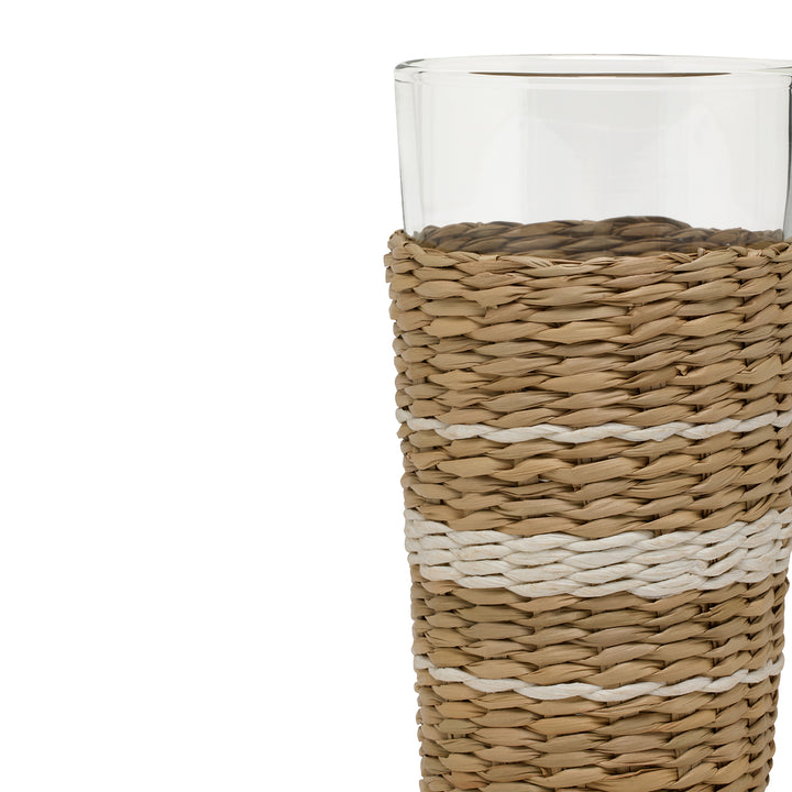 Zaley Natural/White Stripe Seagrass Highball Glasses Set/6